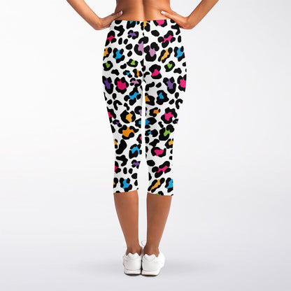 White And Rainbow Leopard Print Women's Capri Leggings