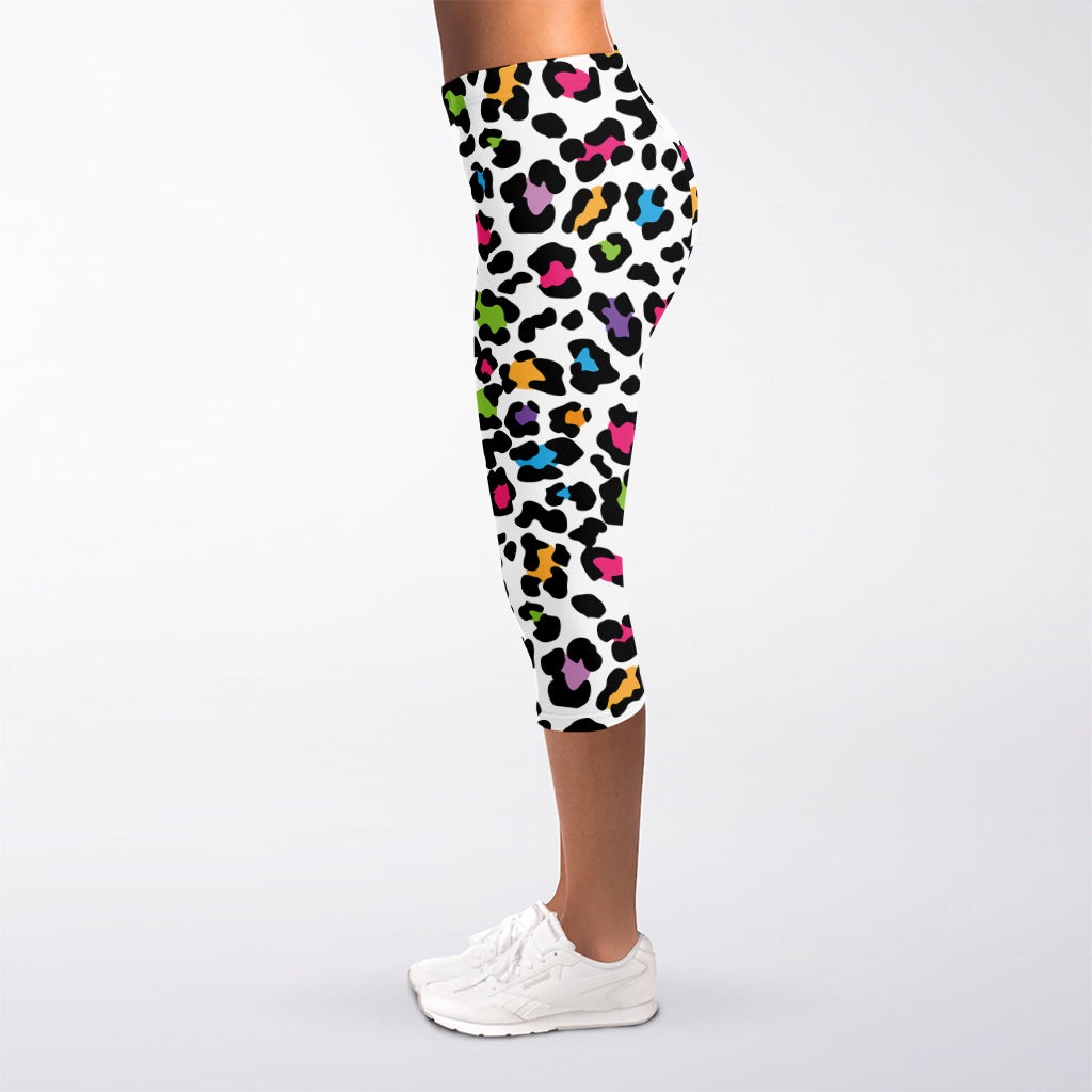 White And Rainbow Leopard Print Women's Capri Leggings