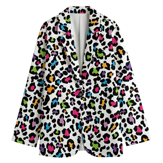 White And Rainbow Leopard Print Women's Cotton Blazer