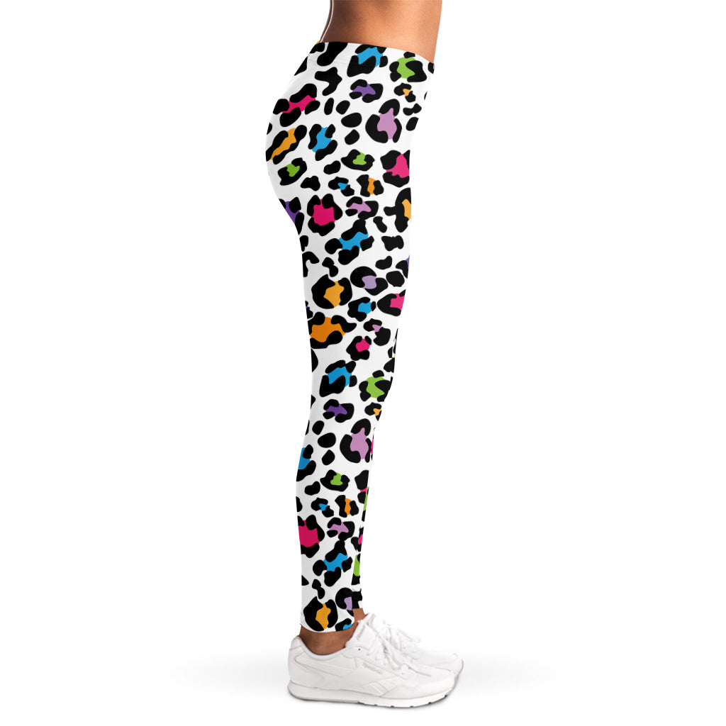 White And Rainbow Leopard Print Women's Leggings