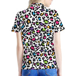 White And Rainbow Leopard Print Women's Polo Shirt