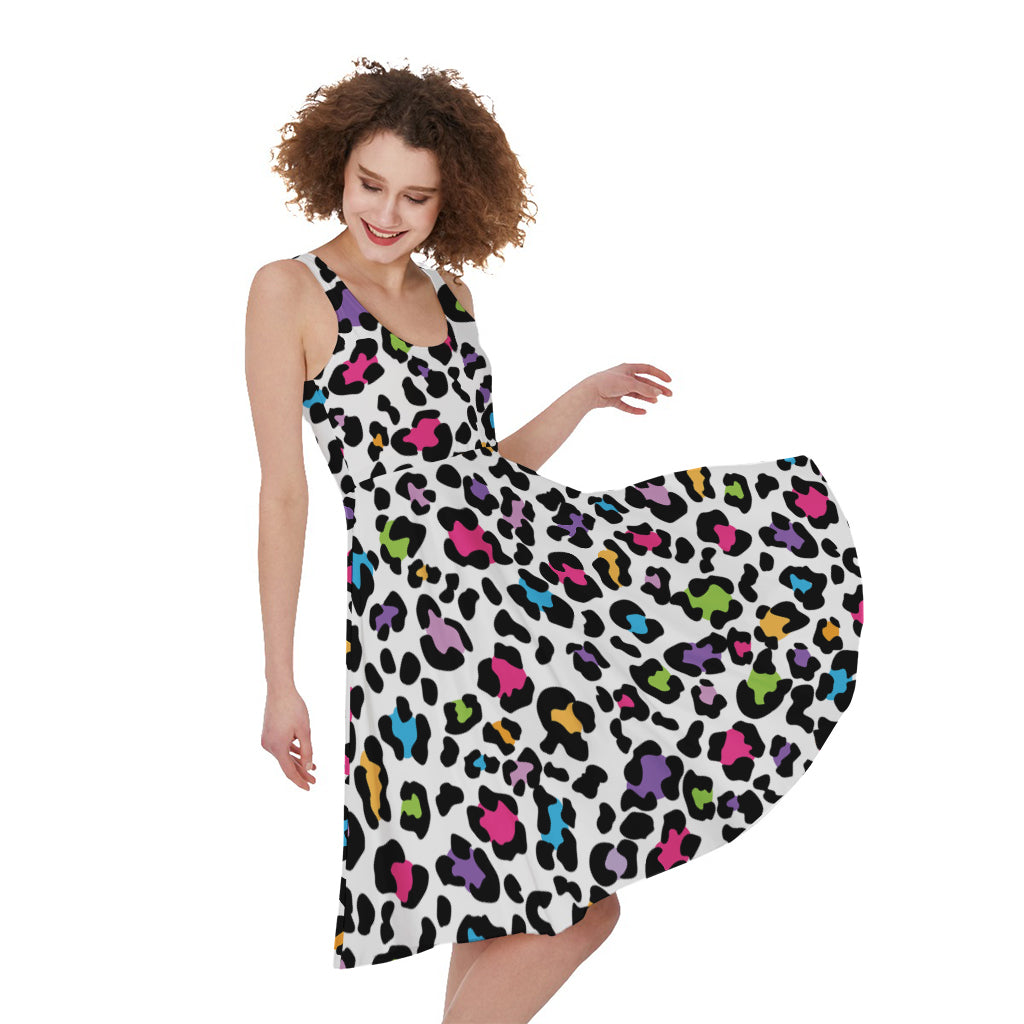 White And Rainbow Leopard Print Women's Sleeveless Dress
