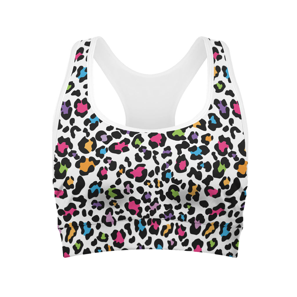 White And Rainbow Leopard Print Women's Sports Bra
