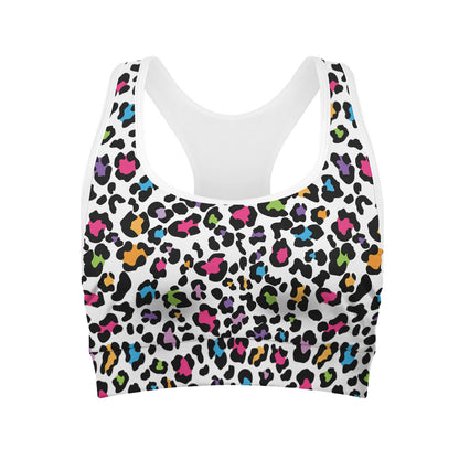 White And Rainbow Leopard Print Women's Sports Bra