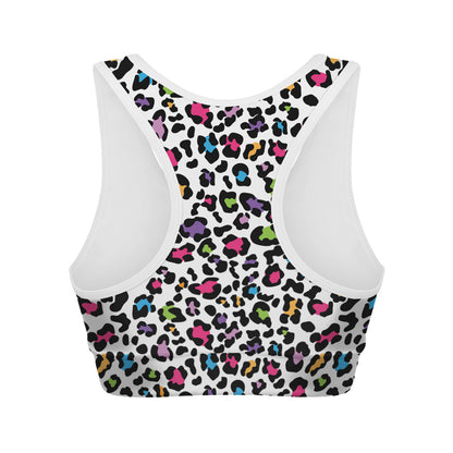 White And Rainbow Leopard Print Women's Sports Bra
