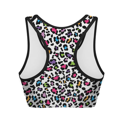White And Rainbow Leopard Print Women's Sports Bra