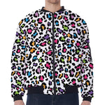 White And Rainbow Leopard Print Zip Sleeve Bomber Jacket