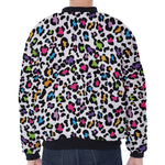 White And Rainbow Leopard Print Zip Sleeve Bomber Jacket