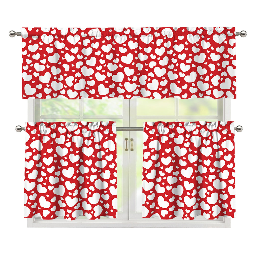 White And Red Heart Pattern Print 3 Piece Kitchen Curtains