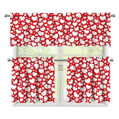 White And Red Heart Pattern Print 3 Piece Kitchen Curtains