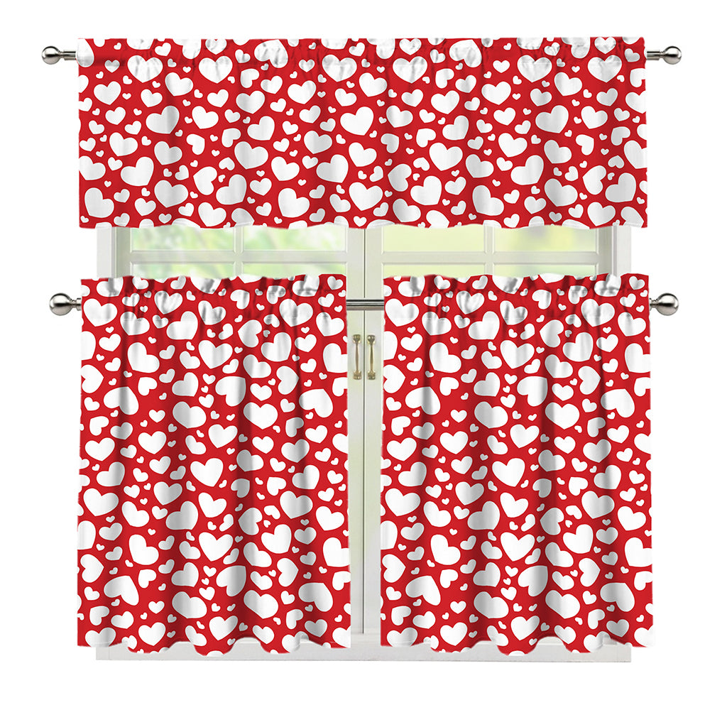 White And Red Heart Pattern Print 3 Piece Kitchen Curtains