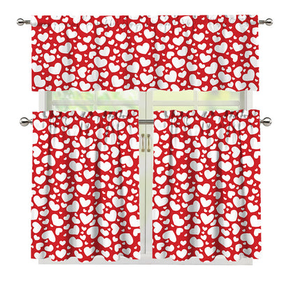White And Red Heart Pattern Print 3 Piece Kitchen Curtains