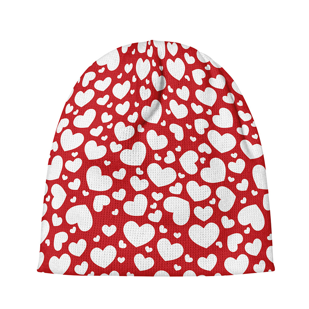 White And Red Heart Pattern Print Beanie