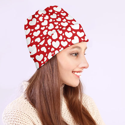 White And Red Heart Pattern Print Beanie