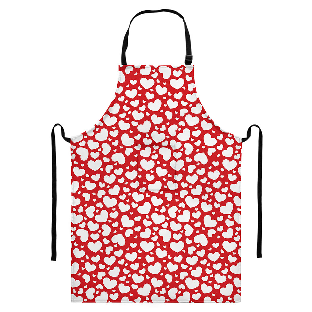 White And Red Heart Pattern Print Bib Apron With Pocket