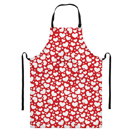 White And Red Heart Pattern Print Bib Apron With Pocket