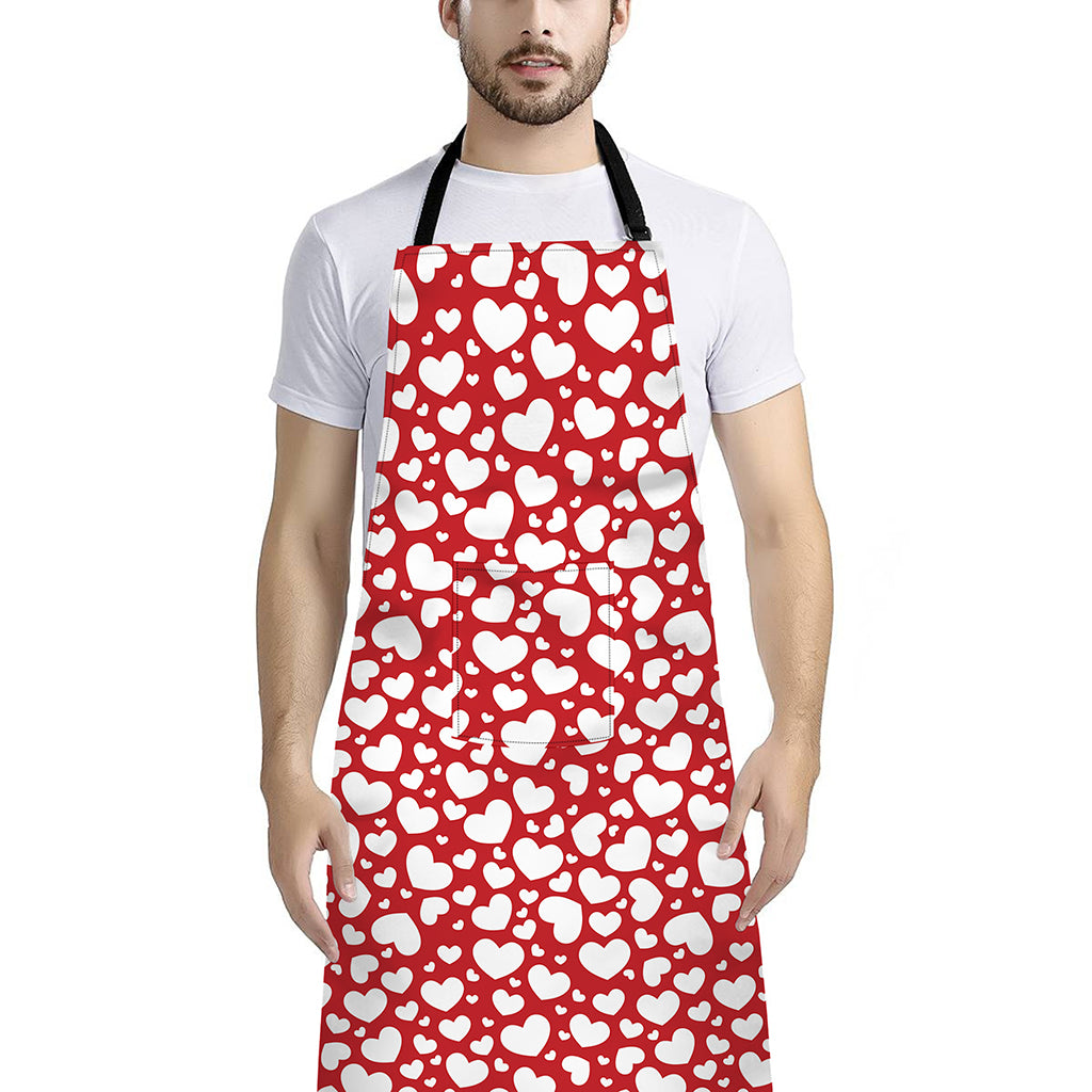 White And Red Heart Pattern Print Bib Apron With Pocket