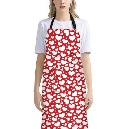 White And Red Heart Pattern Print Bib Apron With Pocket