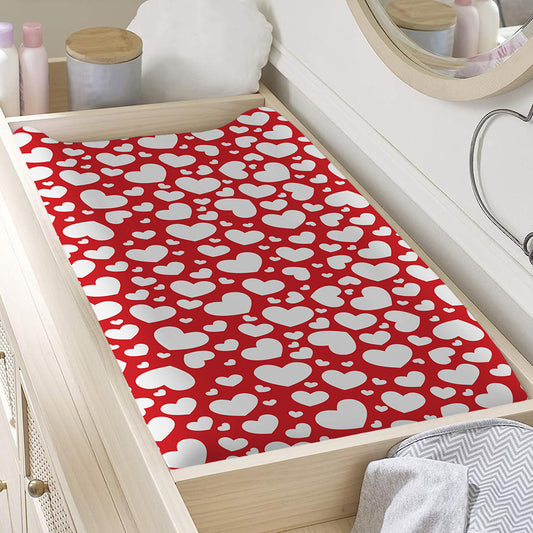 White And Red Heart Pattern Print Changing Pad Cover