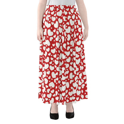 White And Red Heart Pattern Print Chiffon Maxi Skirt