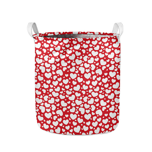 White And Red Heart Pattern Print Collapsible Laundry Basket