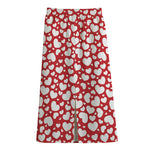 White And Red Heart Pattern Print Cotton Front Slit Maxi Skirt