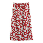 White And Red Heart Pattern Print Cotton Front Slit Maxi Skirt