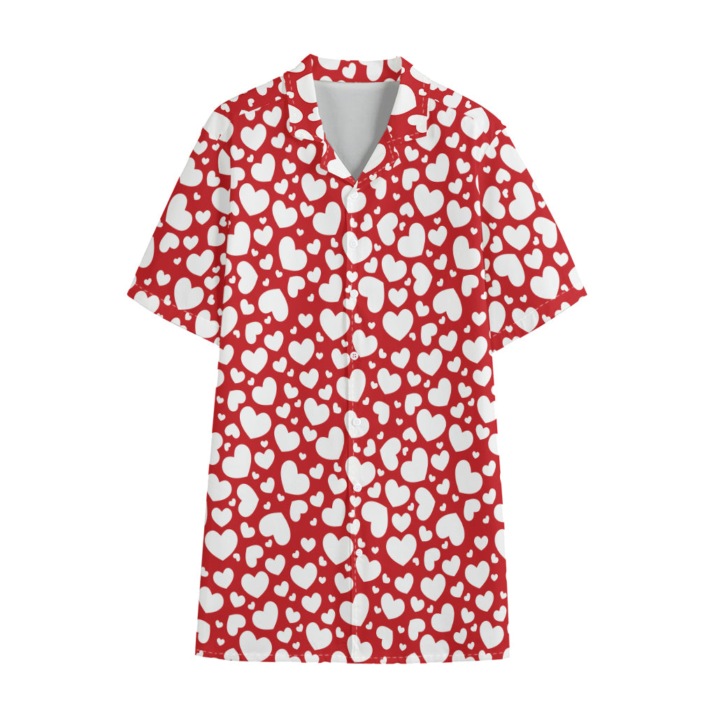 White And Red Heart Pattern Print Cotton Hawaiian Shirt