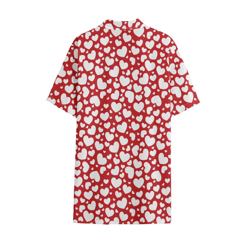 White And Red Heart Pattern Print Cotton Hawaiian Shirt