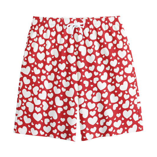 White And Red Heart Pattern Print Cotton Shorts