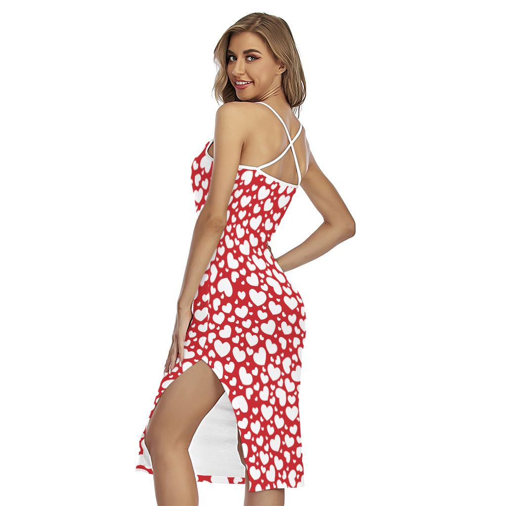 White And Red Heart Pattern Print Cross Back Cami Dress