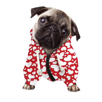 White And Red Heart Pattern Print Dog Zip Up Hoodie