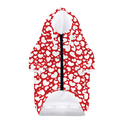 White And Red Heart Pattern Print Dog Zip Up Hoodie