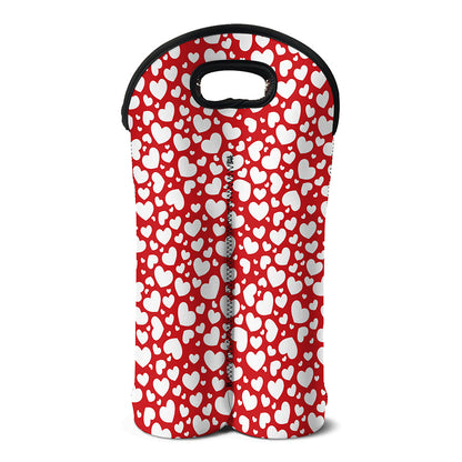 White And Red Heart Pattern Print Double Neoprene Wine Tote
