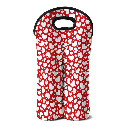 White And Red Heart Pattern Print Double Neoprene Wine Tote