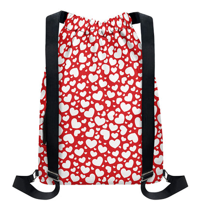 White And Red Heart Pattern Print Drawstring Backpack