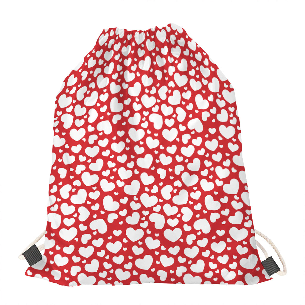 White And Red Heart Pattern Print Drawstring Bag