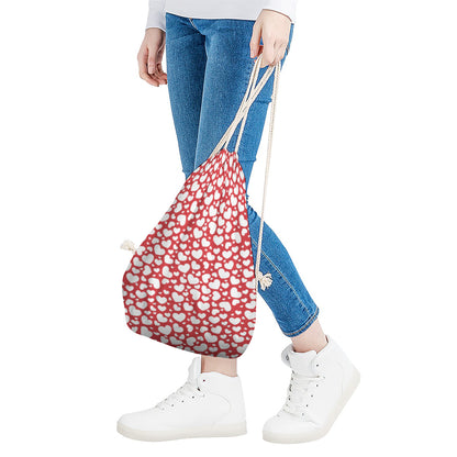 White And Red Heart Pattern Print Drawstring Bag