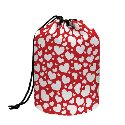 White And Red Heart Pattern Print Drawstring Makeup Bag
