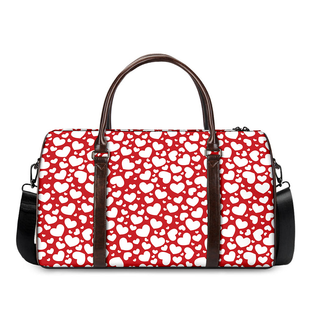White And Red Heart Pattern Print Duffle Bag