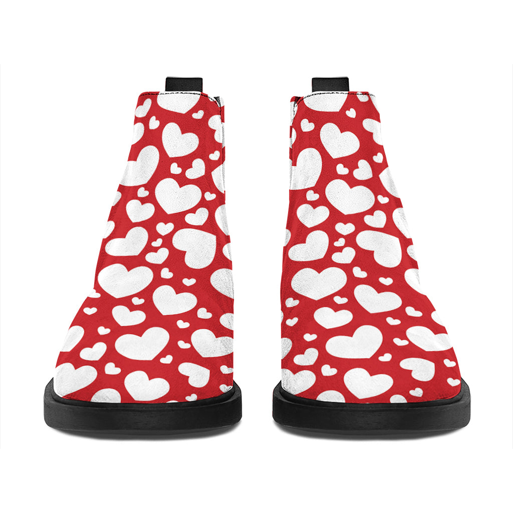 White And Red Heart Pattern Print Flat Ankle Boots