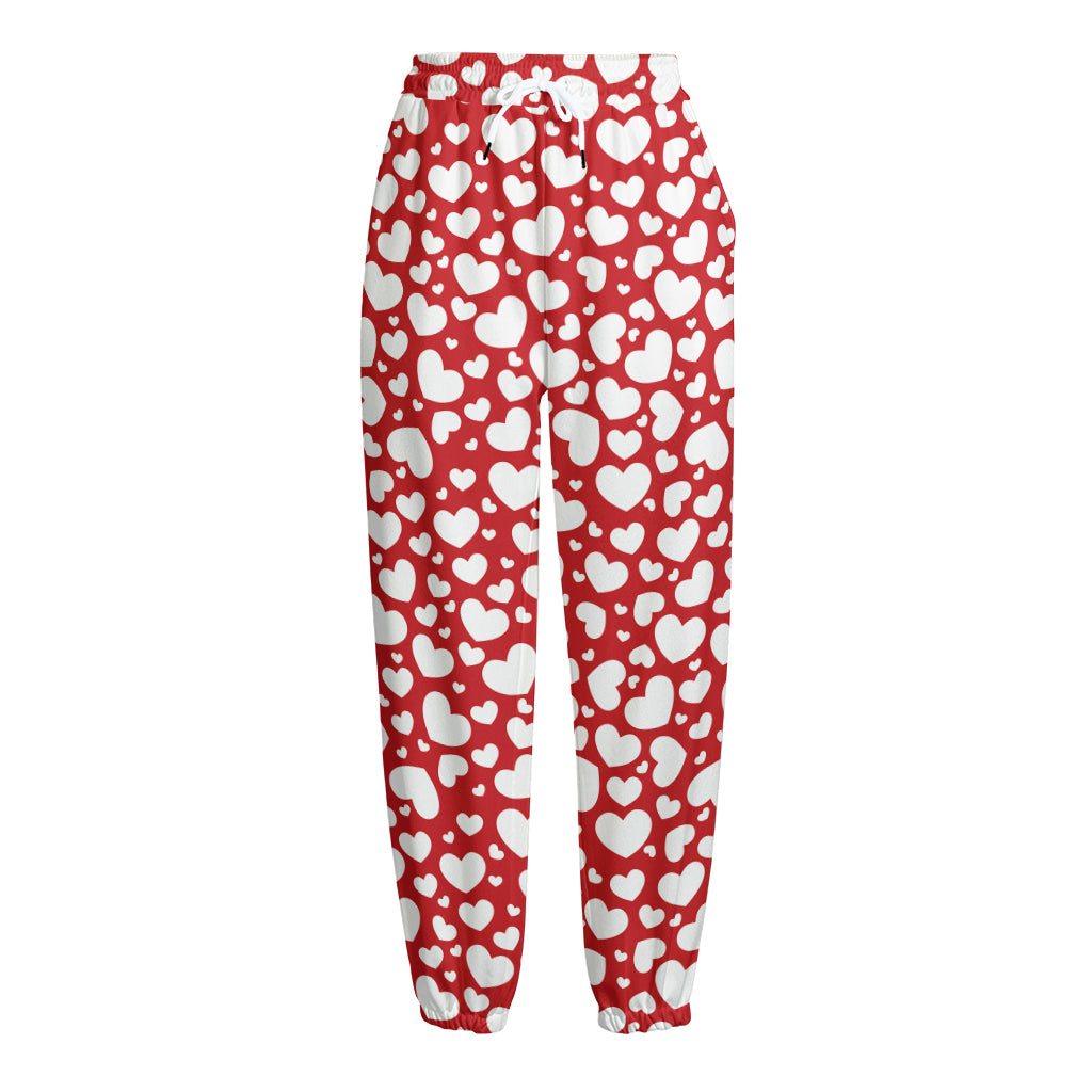 White And Red Heart Pattern Print Fleece Lined Knit Pants