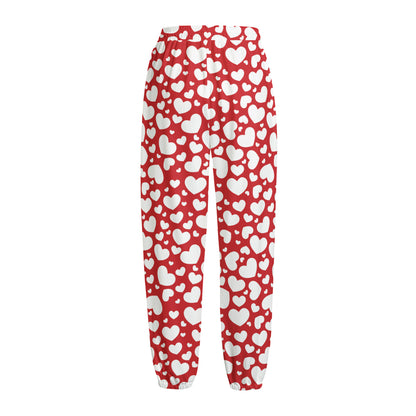White And Red Heart Pattern Print Fleece Lined Knit Pants