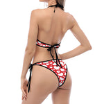 White And Red Heart Pattern Print Halter Scoop Tie Side Bikini