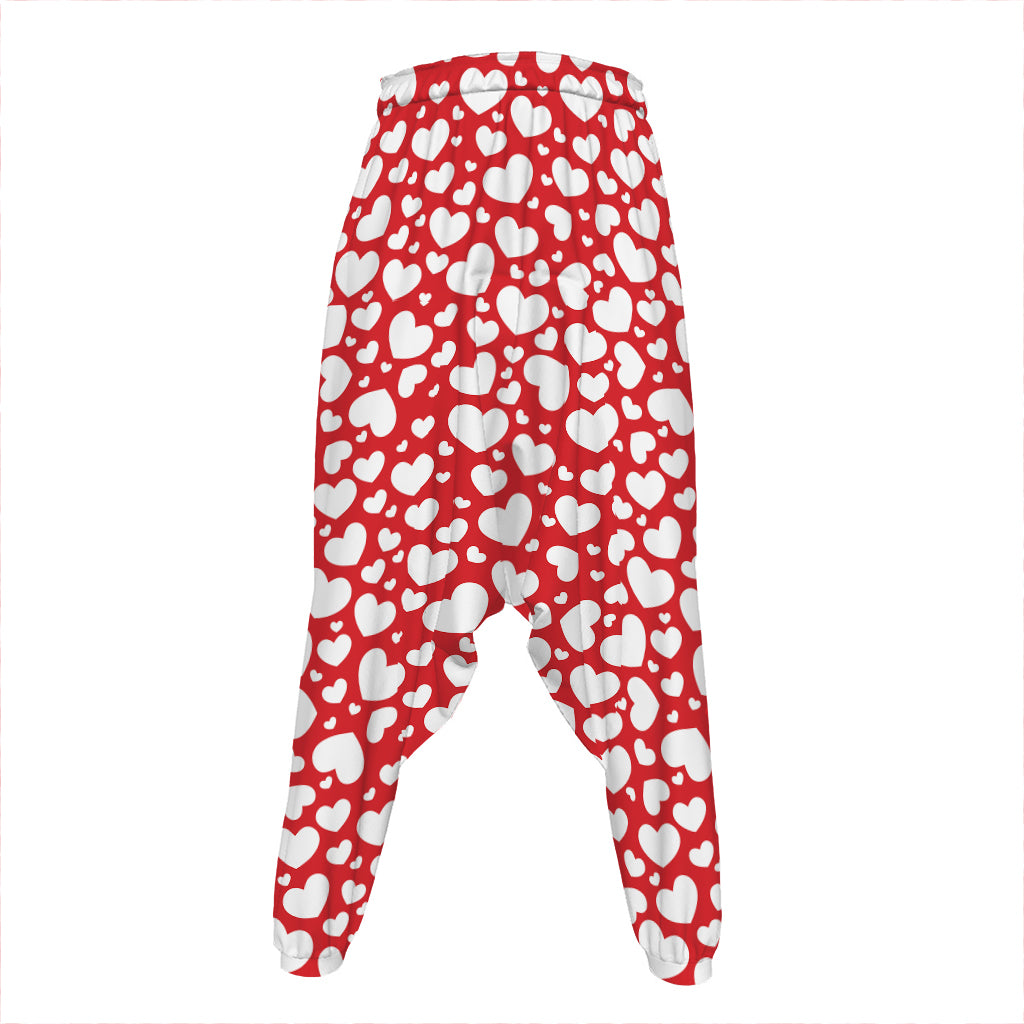 White And Red Heart Pattern Print Hammer Pants
