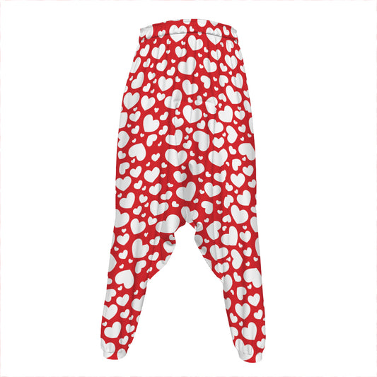 White And Red Heart Pattern Print Hammer Pants