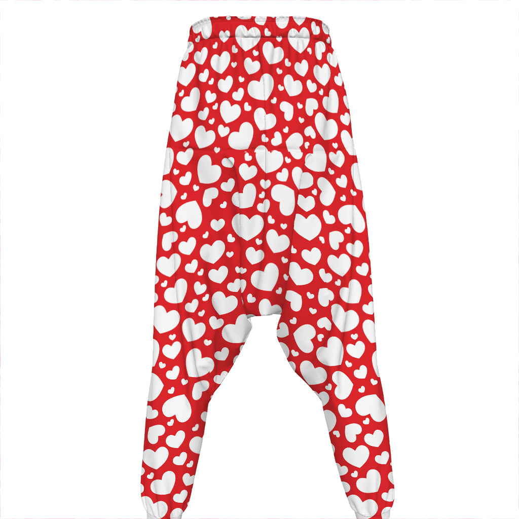 White And Red Heart Pattern Print Hammer Pants