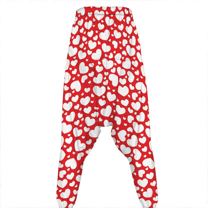 White And Red Heart Pattern Print Hammer Pants