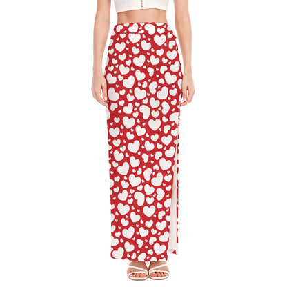 White And Red Heart Pattern Print High Slit Maxi Skirt