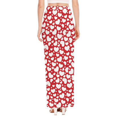 White And Red Heart Pattern Print High Slit Maxi Skirt